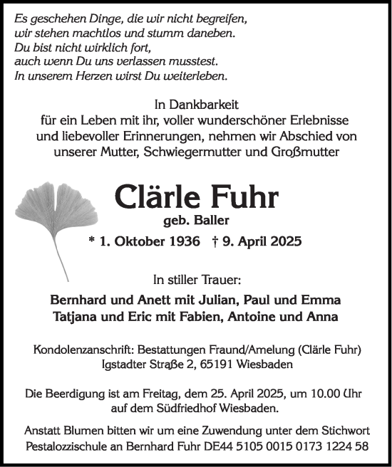 Traueranzeige von Clärle Fuhr von Wiesbadener Kurier