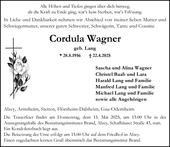 Traueranzeige von Cordula Wagner von Allgemeine Zeitung Alzey