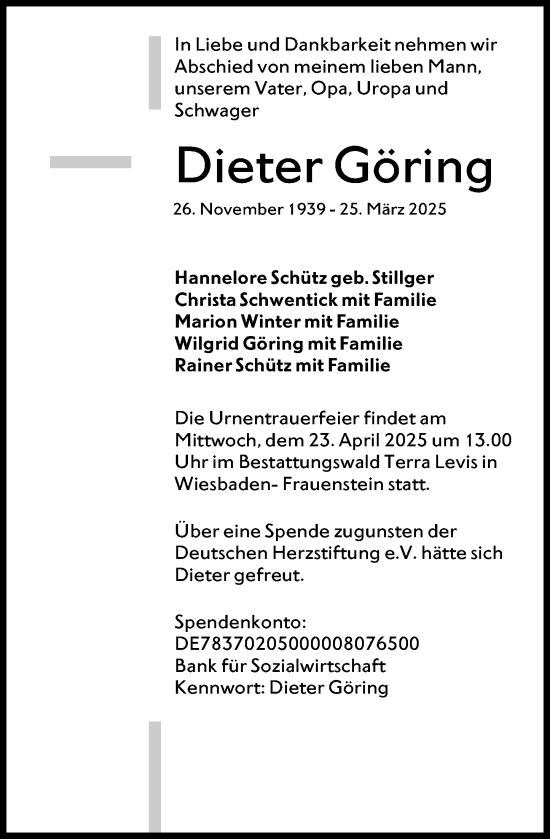 Traueranzeige von Dieter Göring von Wiesbadener Kurier