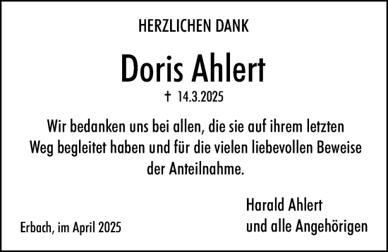 Traueranzeige von Doris Ahlert von Odenwälder Echo
