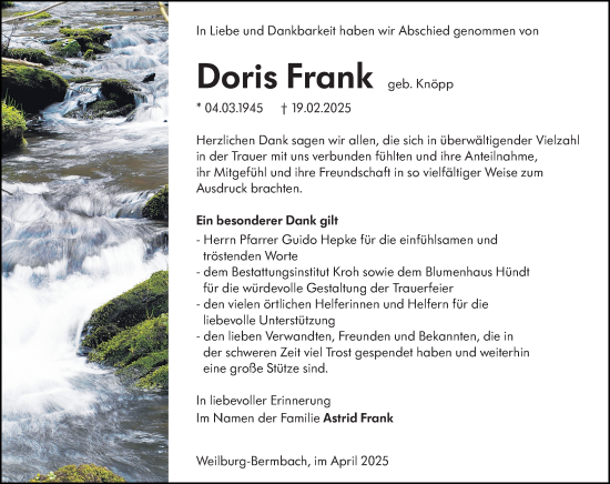 Traueranzeige von Doris Frank von Weilburger Tageblatt
