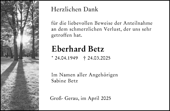 Traueranzeige von Eberhard Betz von Groß-Gerauer Echo