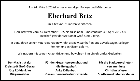 Traueranzeige von Eberhard Betz von Groß-Gerauer Echo