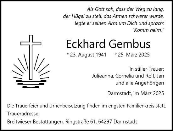 Traueranzeige von Eckhard Gembus von Darmstädter Echo