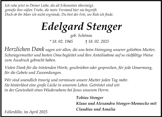 Traueranzeige von Edelgard Stenger von Dill Block