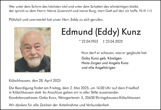 Traueranzeige von Edmund Kunz von Wetzlarer Neue Zeitung