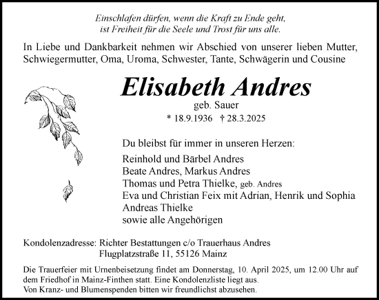 Traueranzeige von Elisabeth Andres von Allgemeine Zeitung Mainz