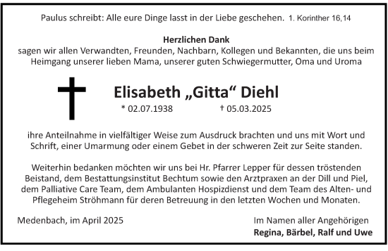 Traueranzeige von Elisabeth Diehl von Dill Block