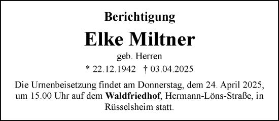 Traueranzeige von Elke Miltner von Rüsselsheimer Echo