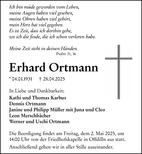 Traueranzeige von Erhard Ortmann von Dill Block