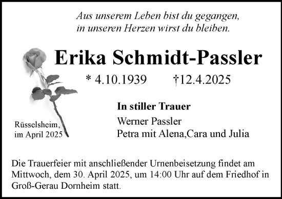 Traueranzeige von Erika Schmidt-Passler von Rüsselsheimer Echo