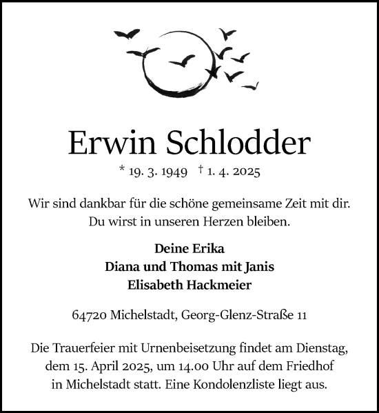 Traueranzeige von Erwin Schlodder von Odenwälder Echo