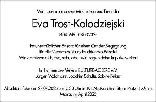 Traueranzeige von Eva Trost-Kolodziejski von Allgemeine Zeitung Mainz