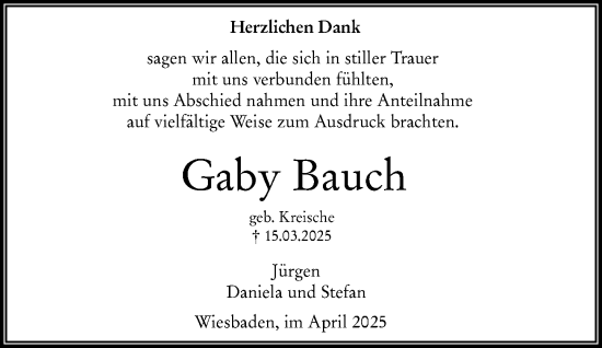 Traueranzeige von Gaby Bauch von Wiesbadener Kurier