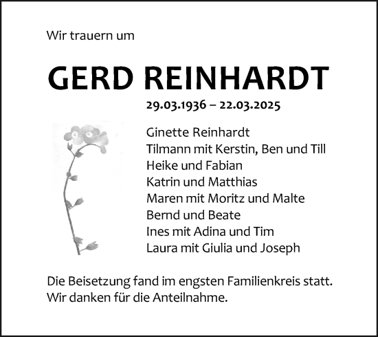 Traueranzeige von Gerd Reinhardt von Darmstädter Echo
