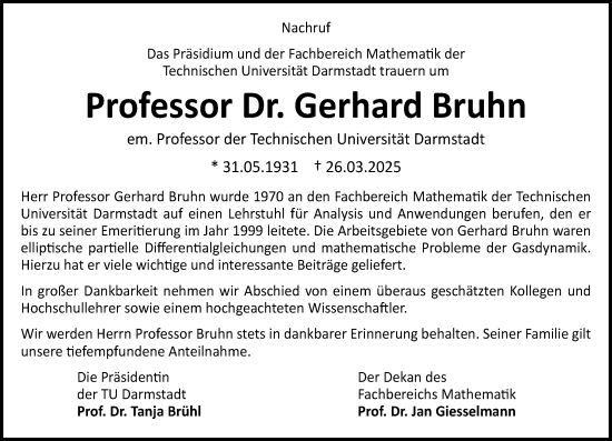 Traueranzeige von Gerhard Bruhn von Darmstädter Echo