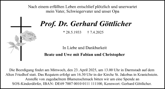 Traueranzeige von Gerhard Göttlicher von Darmstädter Echo