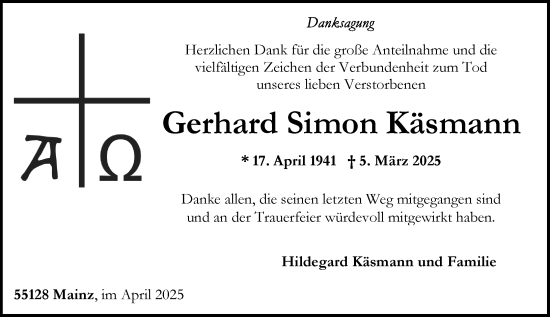 Traueranzeige von Gerhard Simon Käsmann von Allgemeine Zeitung Mainz