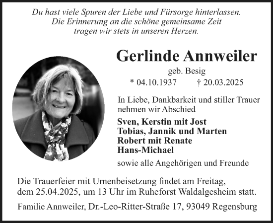 Traueranzeige von Gerlinde Annweiler von Allgemeine Zeitung Rheinhessen-Nahe