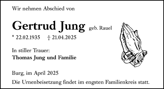 Traueranzeige von Gertrud Jung von Dill Block