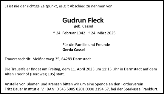Traueranzeige von Gudrun Fleck von Odenwälder Echo