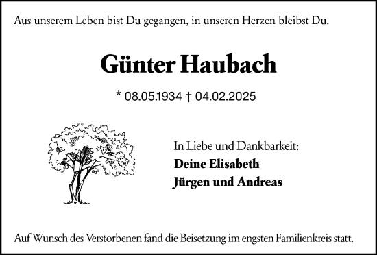 Traueranzeige von Günter Haubach von Rüsselsheimer Echo