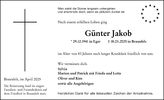 Traueranzeige von Günter Jakob von Wetzlarer Neue Zeitung