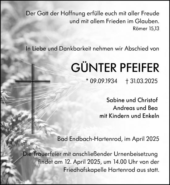Traueranzeige von Günter Pfeifer von Hinterländer Anzeiger