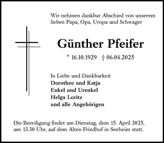 Traueranzeige von Günther Pfeifer von Darmstädter Echo