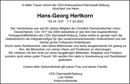 Traueranzeige von Hans-Georg Hertkorn von Darmstädter Echo
