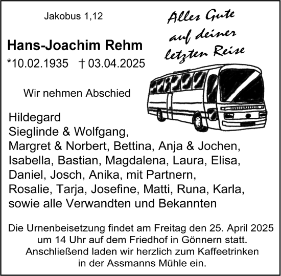 Traueranzeige von Hans-Joachim Rehm von Hinterländer Anzeiger