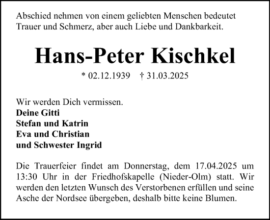 Traueranzeige von Hans-Peter Kischkel von Allgemeine Zeitung Mainz