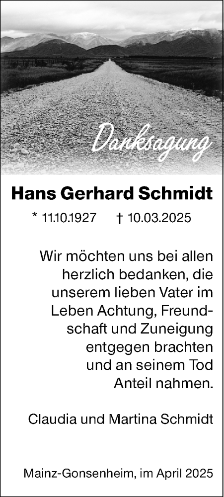 Traueranzeige von Hans Gerhard Schmidt von Allgemeine Zeitung Mainz