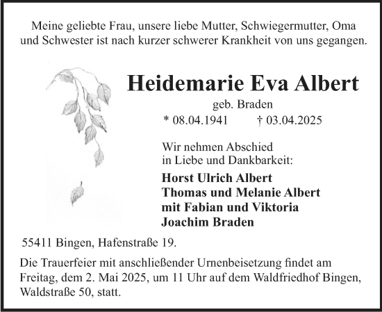 Traueranzeige von Heidemarie Eva Albert von Allgemeine Zeitung Rheinhessen-Nahe