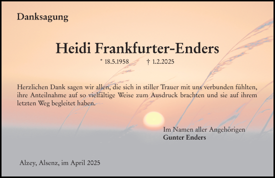 Traueranzeige von Heidi Frankfurter-Enders von Allgemeine Zeitung Alzey