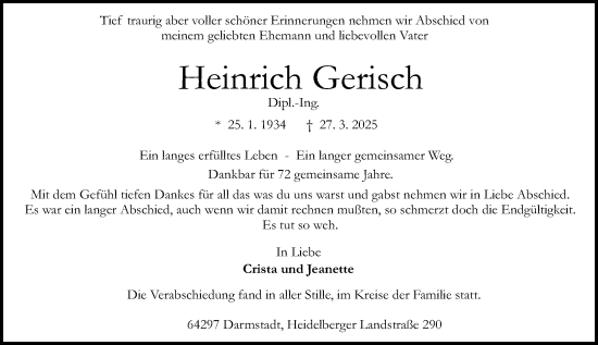 Traueranzeige von Heinrich Gerisch von Darmstädter Echo