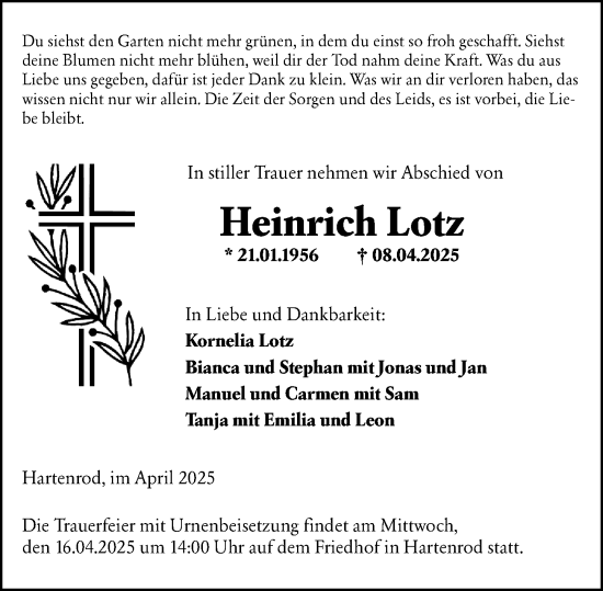 Traueranzeige von Heinrich Lotz von Hinterländer Anzeiger