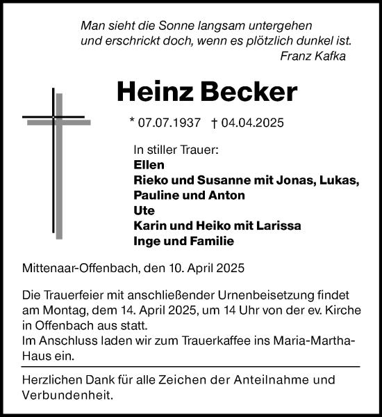 Traueranzeige von Heinz Becker von Dill Block