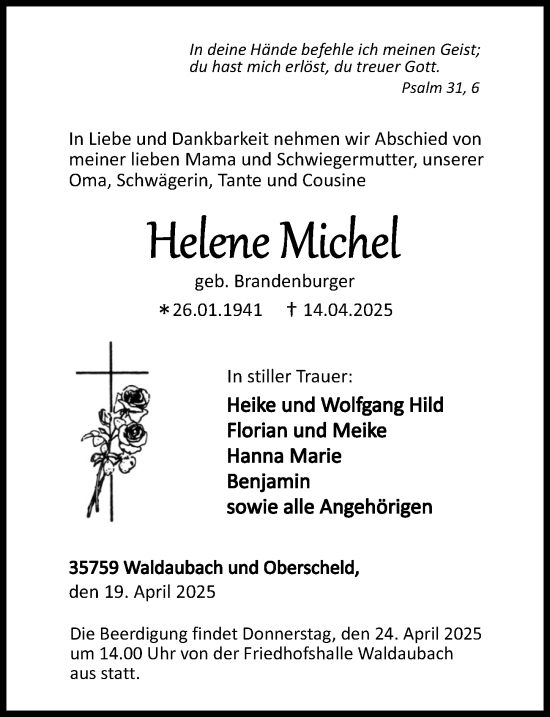 Traueranzeige von Helene Michel von Dill Block