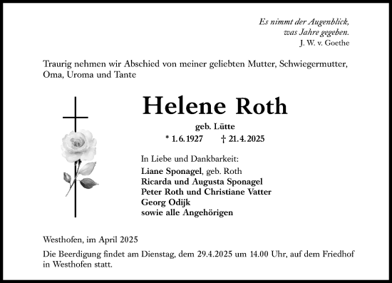 Traueranzeige von Helene Roth von Wormser Zeitung