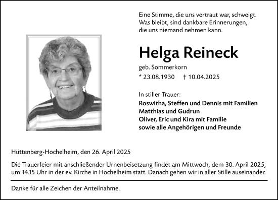 Traueranzeige von Helga Reineck von Wetzlarer Neue Zeitung