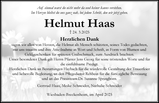 Traueranzeige von Helmut Haas von Wiesbadener Kurier