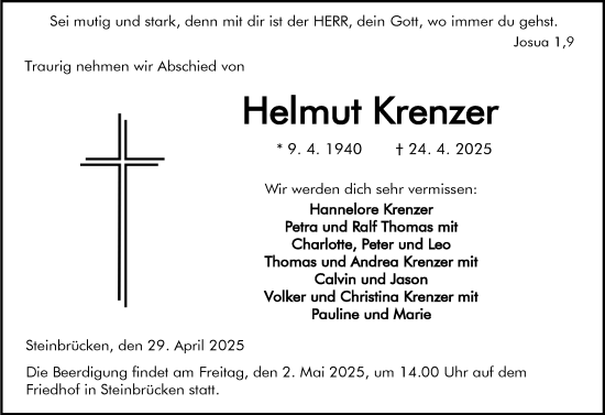 Traueranzeige von Helmut Krenzer von Dill Block