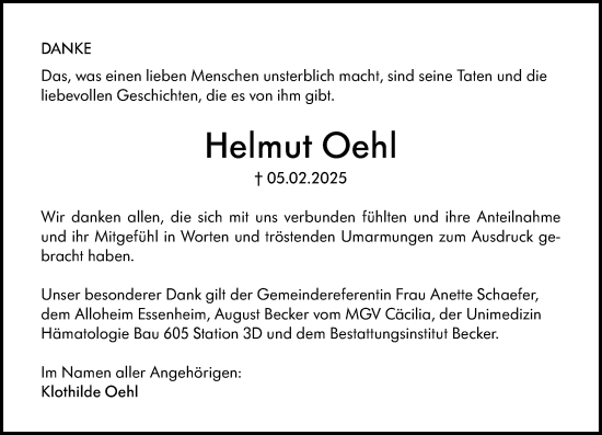 Traueranzeige von Helmut Oehl von Allgemeine Zeitung Mainz