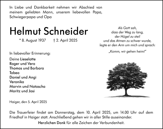 Traueranzeige von Helmut Schneider von Dill Block