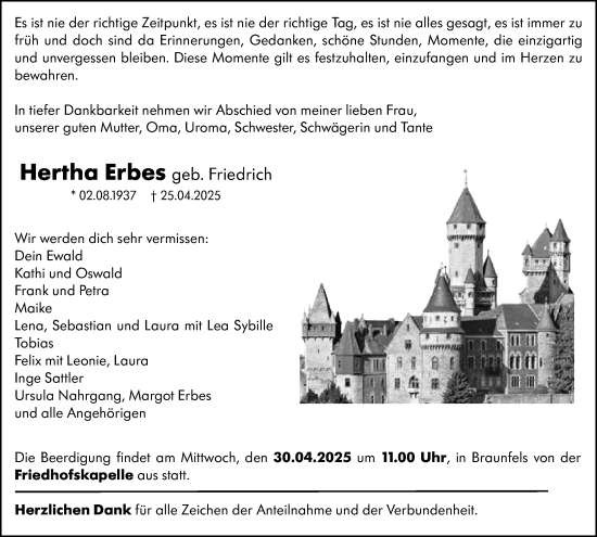 Traueranzeige von Hertha Erbes von Wetzlarer Neue Zeitung