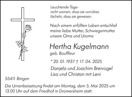 Traueranzeige von Hertha Kugelmann von Allgemeine Zeitung Rheinhessen-Nahe