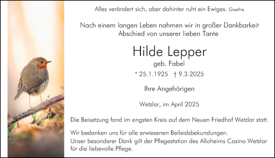 Traueranzeige von Hilde Lepper von Wetzlarer Neue Zeitung