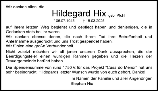 Traueranzeige von Hildegard Hix von Dieburger Anzeiger/Groß-Zimmerner Lokal-Anzeiger