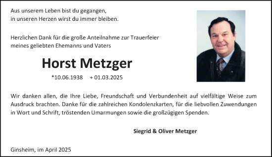 Traueranzeige von Horst Metzger von Allgemeine Zeitung Mainz
